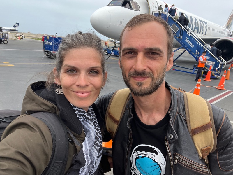April and Daniel boarding a plane in Peru